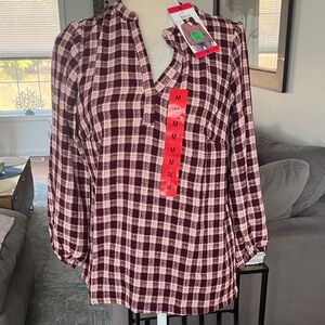 Women's Burgundy Plaid Long-Sleeve V-Neck Top